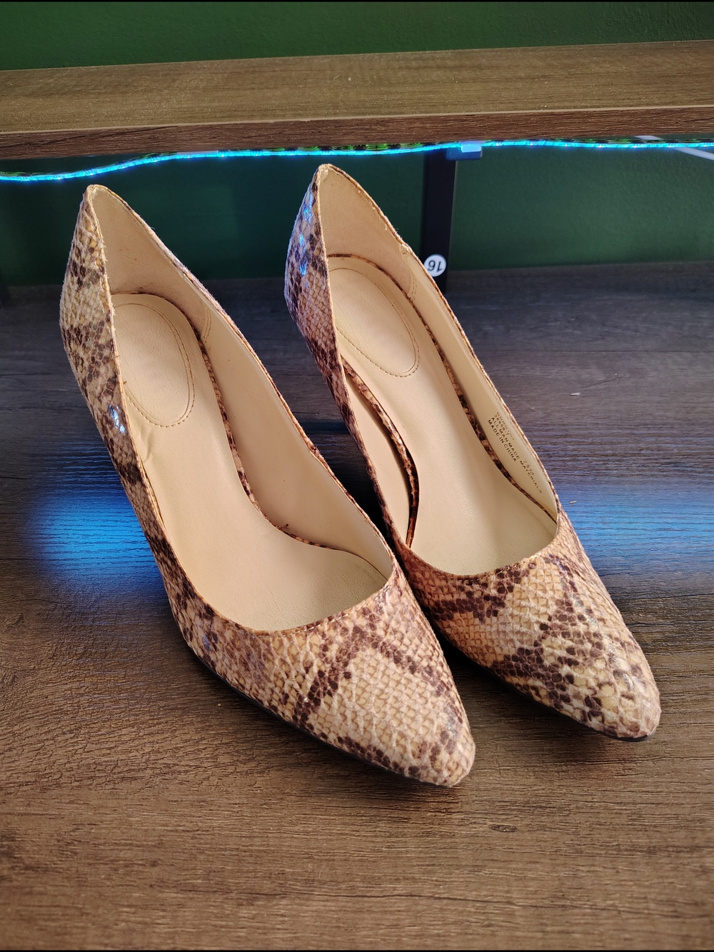 Nickels Tan and Brown Snakeskin Pointed-Toe Pumps
